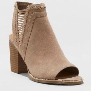 New Microsuede Tan Peep Toe Heeled Mule Sandals